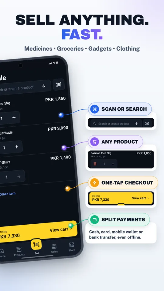 OmniTill sell screen with a barcode checkout in progress
